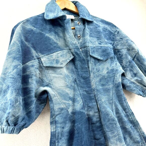 Divine Heritage Denim Tie Dye Dress Size XS Mini Fringe Hem Puff Sleeve Western - Picture 9 of 13